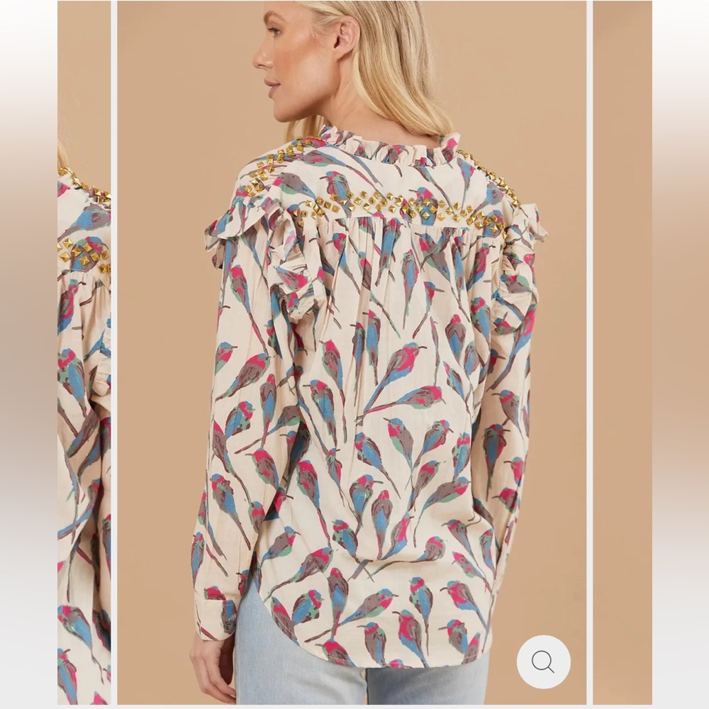 SHERIDAN FRENCH DEVON BLOUSE IN BEIGE + BLUE BIRDS Size M - Picture 4 of 7